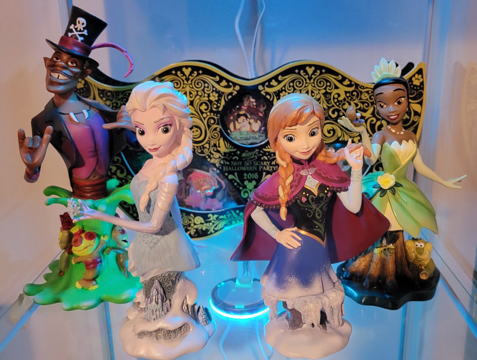 Grand Jester busts Anna, Elsa, Tiana, and Dr. Facilier + 2016 Mickey's Not So Scary Halloween Party pin set