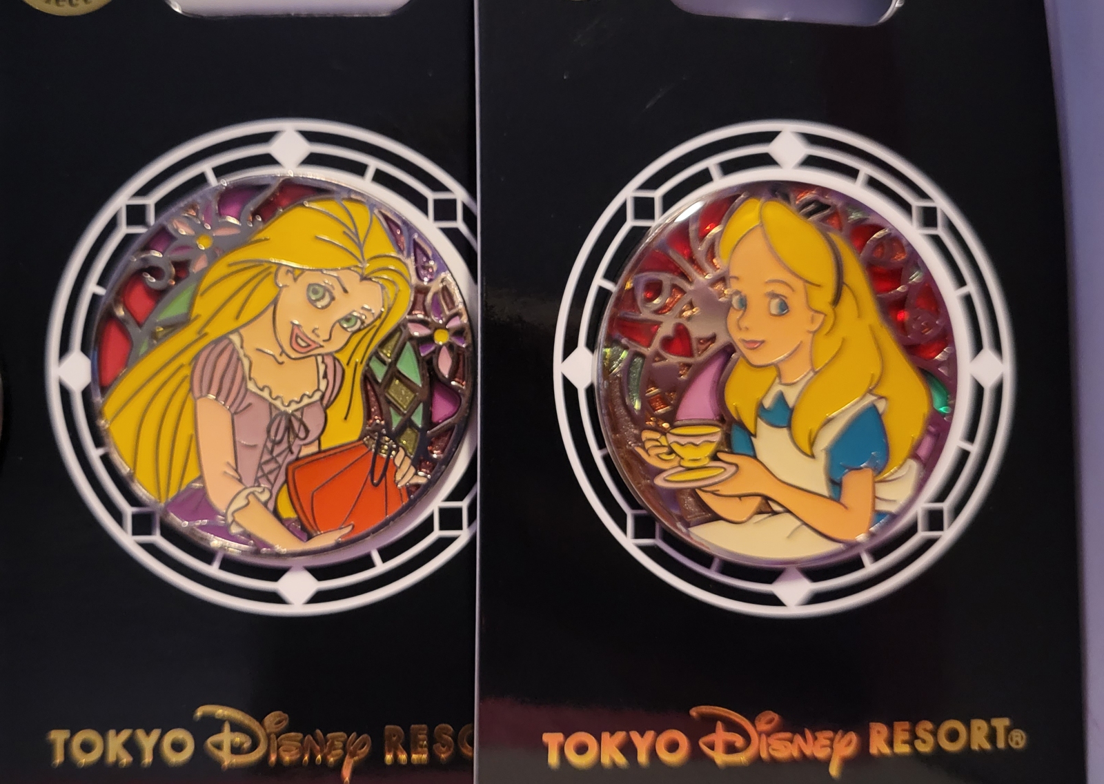 Tokyo Disney Rapunzel and Alice Stained Glass Circle Pins