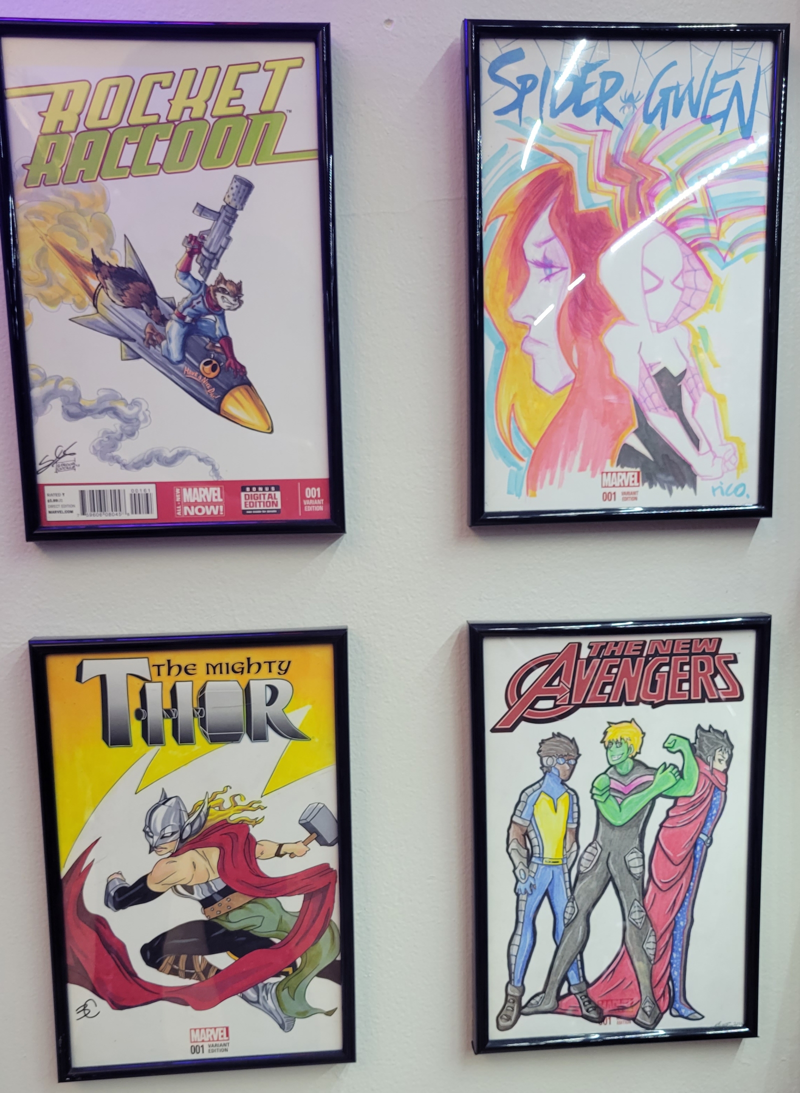 sketch covers Rocket by Serena Guerra, Spider-Gwen by Rico Renzi, Mighty Thor by Bridgit Connell